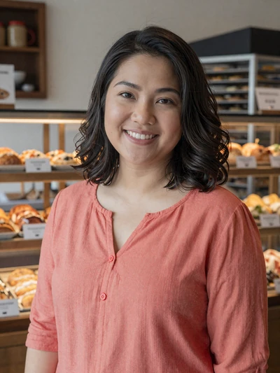 Siti, 32, Malaysian woman in coral top at her Penang bakery - Malaysian women dating profile