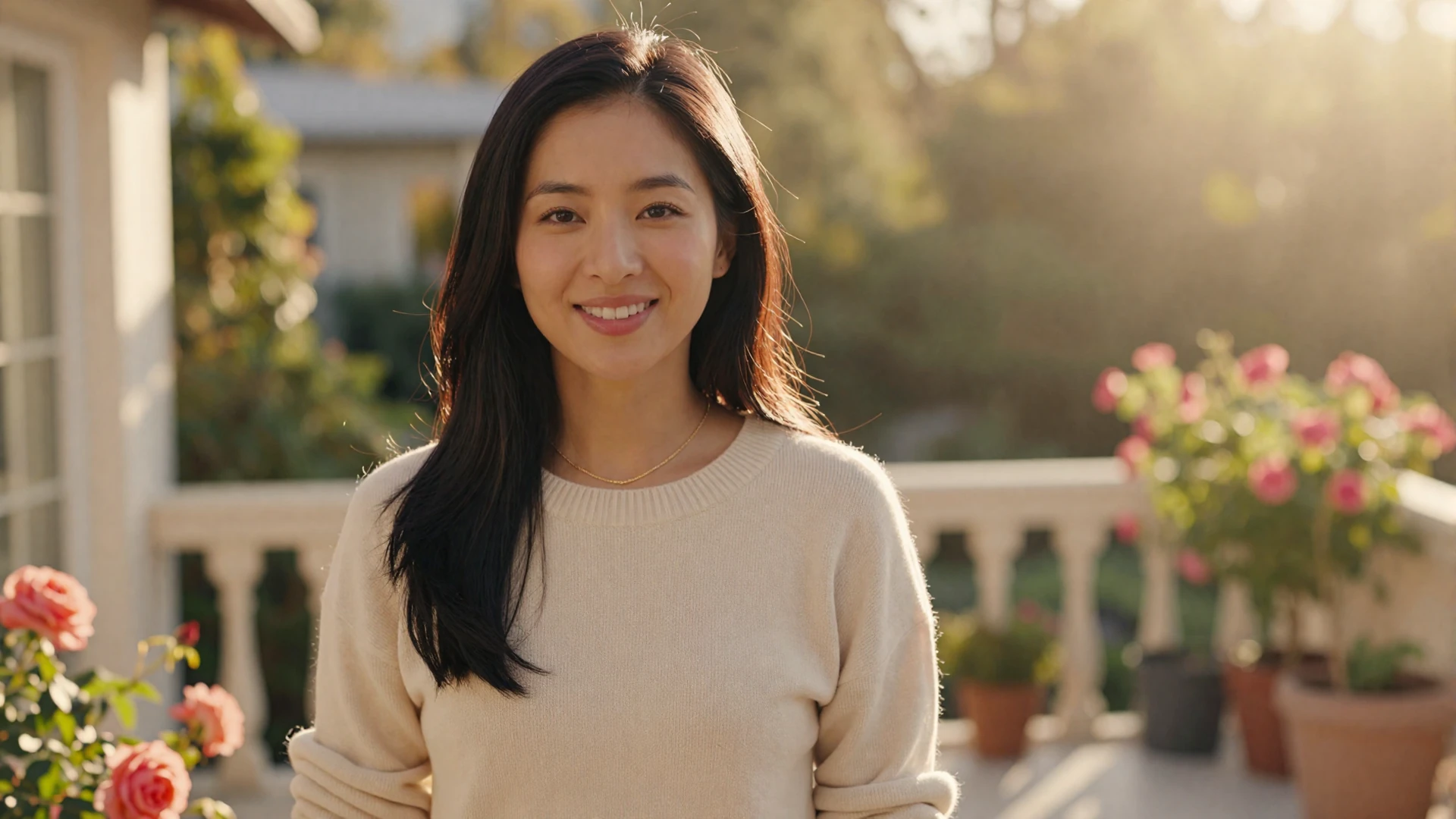 Beautiful Asian woman smiling warmly in golden sunlight representing asian women dating