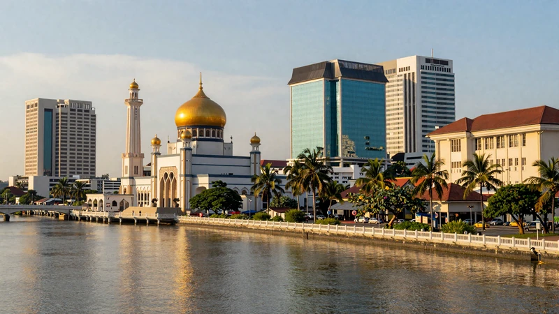 Modern Bandar Seri Begawan skyline with golden mosque domes representing contemporary Brunei and the modern dating scene for Bruneian women