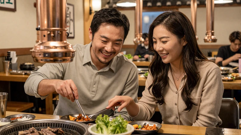 Western man and Korean woman enjoying Korean BBQ date together in Seoul illustrating cross-cultural dating experience