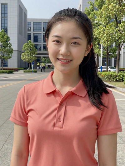 Pei-Yu, 28, verified Taiwanese woman in coral polo near a Hsinchu tech campus - verified dating profile