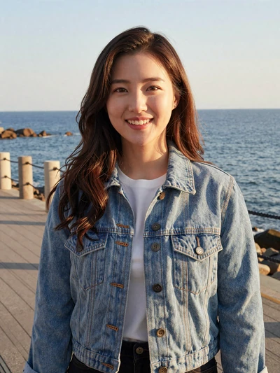Hana, 27, Korean woman in denim jacket by the ocean in Busan - intercultural dating profile