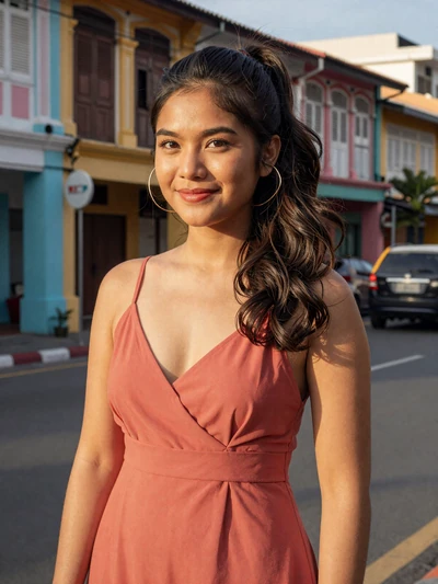 Rosa, 25, Filipino woman in coral dress on a Manila street - Filipino dating profile for long-distance relationship