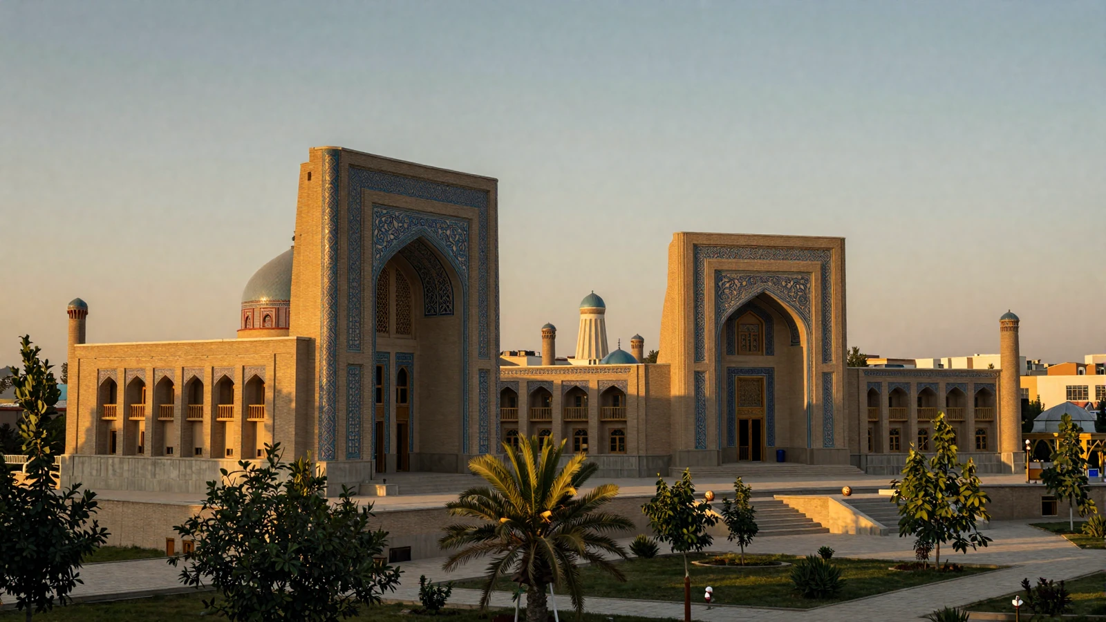 Tajik landscape with Persian architecture and Pamir Mountains at golden hour representing Tajik women dating culture