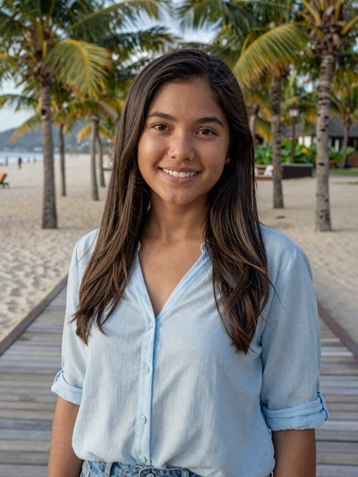 Maricel, 28, Filipino woman in blue blouse on a Cebu beach boardwalk - best Asian countries dating profile