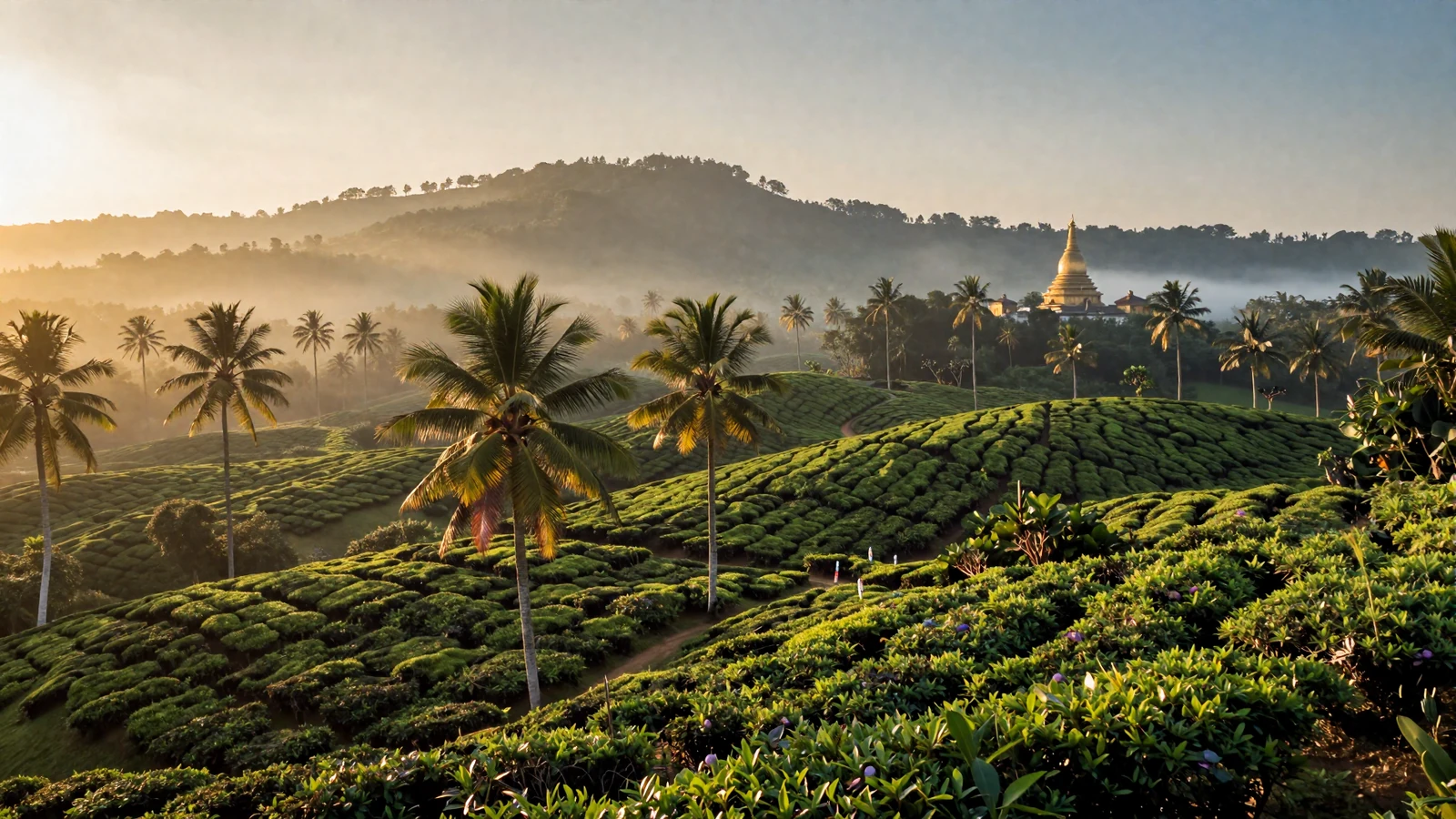 Tropical Sri Lankan landscape with lush green tea plantations and Buddhist stupa representing Sri Lankan women dating culture