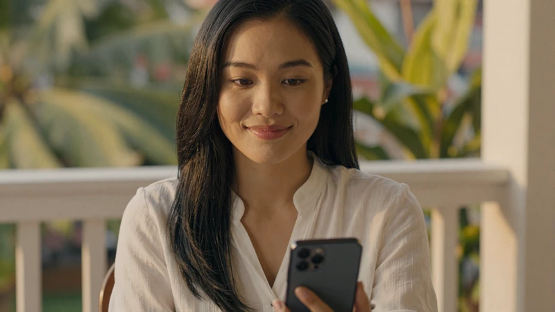 Young Vietnamese woman smiling during a morning video call on her balcony - long-distance relationship with Asian girlfriend