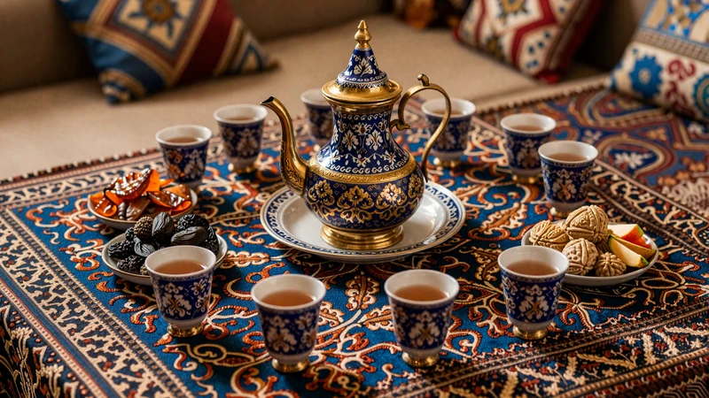 Traditional Tajik tea ceremony with ornate teapot and dried fruits representing hospitality customs important in Tajik women dating