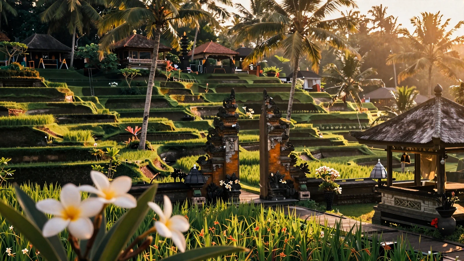 Tropical Indonesian landscape with rice terraces and temple representing Indonesian women dating culture