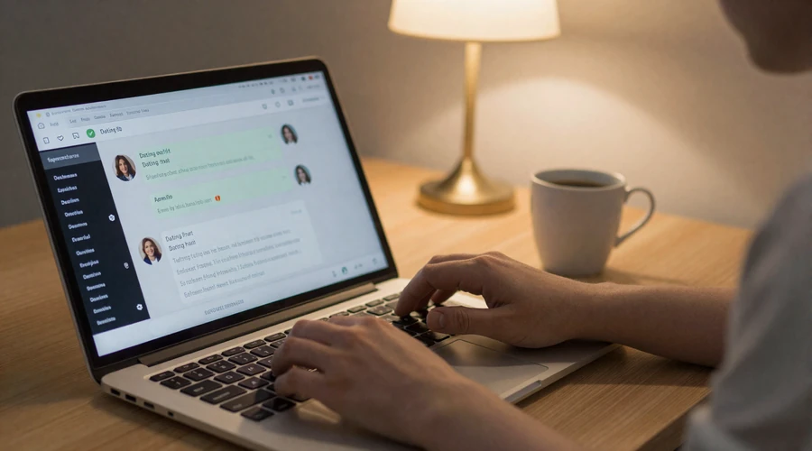 Man safely browsing a verified Asian dating platform on his laptop in a home office - online dating safety guide