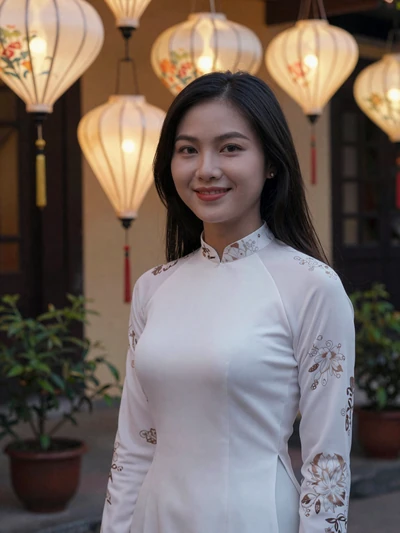 Linh, 26, Vietnamese woman in white floral top on a lantern-lit street - Vietnamese dating profile