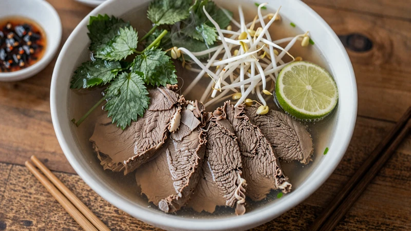 Beautifully arranged Vietnamese pho bowl with fresh herbs and steaming broth - food as love in Asian dating culture