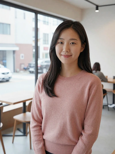 Soo-jin, 30, Korean woman in rose sweater at a Seoul cafe - Korean women dating profile